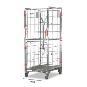 Narrow base roll cage. 4 sided with base and mid shelves. Split doors