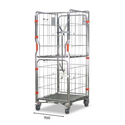 Narrow base roll cage. 4 sided with base and mid shelves. Split doors