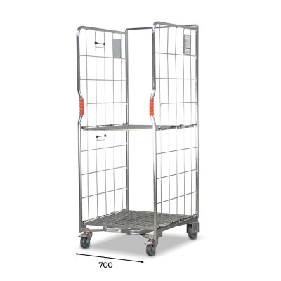 Narrow base roll cage. 2 sided with base and mid shelves. No doors